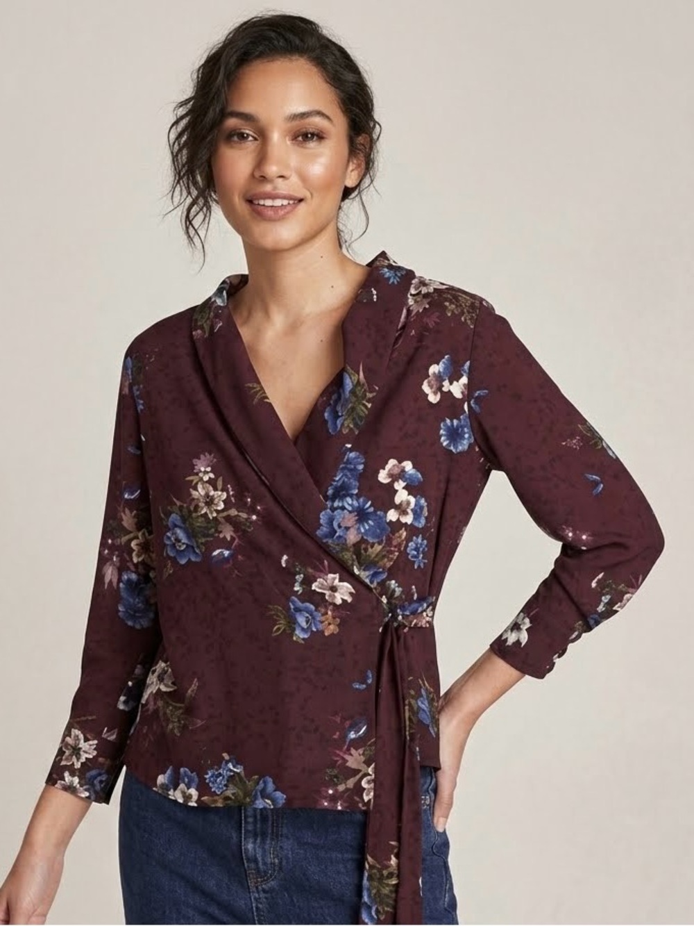 Zara Women's Floral Wrap Long Sleeve Lightweight Blouse Top, Burgundy, Size S - Picture 3 of 11
